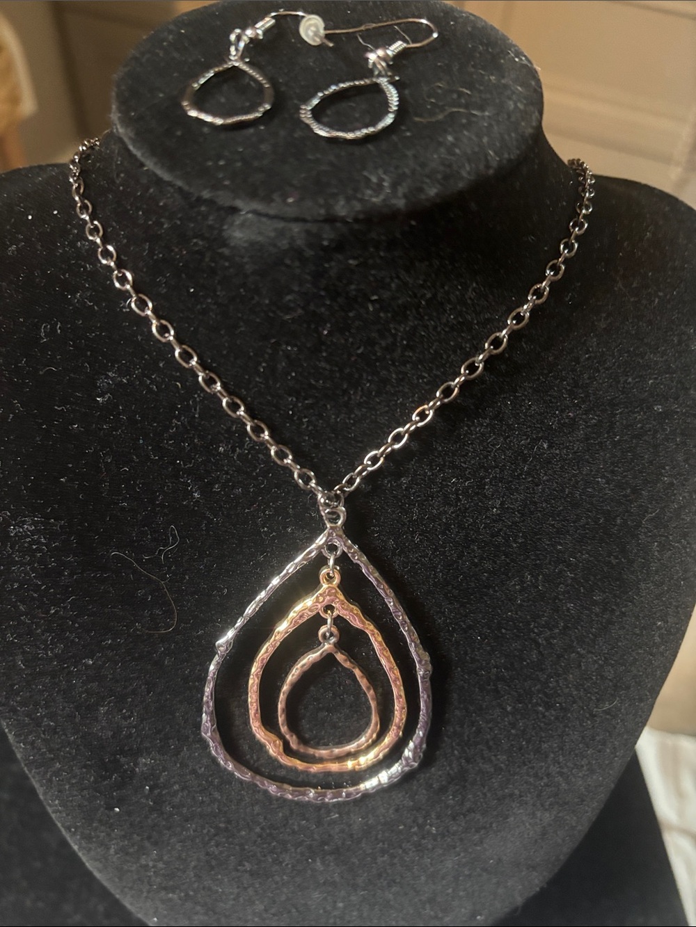 Hand made black chain necklace with gold and silver pendants/matching earrings